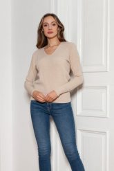 Sweter w Serek z Dzianiny w Prążek - Beżowy. Brązowe swetry nierozpinane damskie Lanti, l, bez wzorów, z dzianiny, bez kołnierzyka, bez ramiączek. Za 229.90 zł.