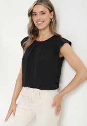 Czarna Bluzka Zapinana z Tyłu na Guzik z Falbankami Janacekia. Czarne bluzki damskie Born2be, l, bez wzorów, z jeansu, eleganckie, bez kołnierzyka, bez ramiączek. Za 24.99 zł.