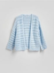 Kardigan z bawełną - jasnoniebieski. Niebieskie kardigany damskie Reserved, l, bez wzorów, z bawełny, bez kołnierzyka. W wyprzedaży za 59.99 zł.