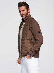 Lekka rozpinana męska kurtka z pikowanym przodem – brązowa V3 - Rozmiar: S. Brązowe kurtki męskie Ombre Clothing, m, bez wzorów, z bawełny, eleganckie, bez kaptura. W wyprzedaży za 179.99 zł.