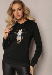Czarna Ocieplana Bluza z Ozdobnym Nadrukiem i Kapturem Hitee. Czarne bluzy damskie Renee, l, z aplikacjami, z dzianiny, casualowe, bez ramiączek, z kapturem. Za 79.99 zł.