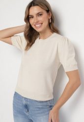 Beżowa Bluzka Sweterkowa z Lekko Bufiastymi Rękawami z Wiskozą Adeva. Brązowe bluzki damskie Born2be, m, bez wzorów, z jeansu, eleganckie, bez kołnierzyka, bez ramiączek. Za 49.99 zł.