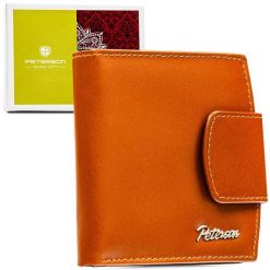 Mały, skórzany portfel damski w jasnobrązowym kolorze z systemem RFID PTN RD-314-NGV-M Peterson. Brązowe portfele damskie Peterson, ze skóry. Za 79.99 zł.