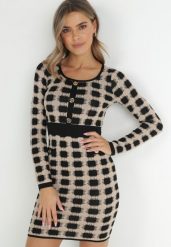 Beżowa Dzianinowa Sukienka w Geometryczny Wzór z Metaliczną Nitką Bolla. Brązowe sukienki damskie Born2be, l, z aplikacjami, z dzianiny, bez kołnierzyka, bez ramiączek, mini, dopasowane. Za 39.99 zł.