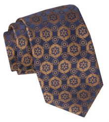 Męski Krawat - Alties - Żółtozłoty Wzór, Granatowe Tło. Żółte krawaty i muchy Alties, bez wzorów, z tkaniny, eleganckie. Za 49.00 zł.