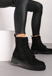 Czarne Botki Workery na Płaskiej Podeszwie Ozdobione Brokatem Lilitia. Czarne botki damskie Renee, na jesień, z aplikacjami, eleganckie, z okrągłym noskiem, bez obcasa, na płaskiej podeszwie, bez zapięcia. Za 139.99 zł.