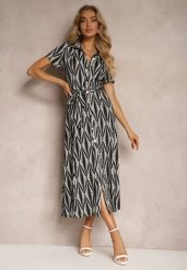 Czarna Koszulowa Sukienka z Materiałowym Paskiem i Guzikami z Geometrycznym Printem Usklea. Czarne sukienki damskie Renee, na lato, l, bez wzorów, z dzianiny, bez kołnierzyka, bez ramiączek, maxi, koszulowe. Za 129.99 zł.