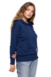 Sweter z Kapturem w Formie Bluzy - Granatowy. Niebieskie swetry nierozpinane damskie MOE, l, bez wzorów, z bawełny, bez kołnierzyka, bez ramiączek. Za 238.90 zł.