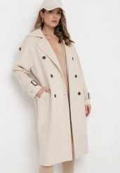 Jasnobeżowy Dwurzędowy Płaszcz z Paskiem Haleri. Brązowe płaszcze damskie Born2be, m, bez wzorów, eleganckie, bez kołnierzyka, bez kaptura. Za 269.99 zł.