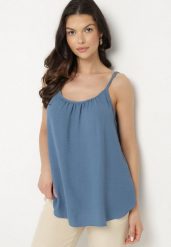 Niebieski Klasyczny Top z Bawełną Pumera. Niebieskie topy damskie Born2be, l, bez wzorów, z bawełny, eleganckie, bez kołnierzyka, bez ramiączek. Za 29.99 zł.