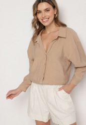 Beżowa Koszula o Kroju Oversize z Modalu Adevessa. Brązowe koszule damskie Born2be, bez wzorów, z jeansu, eleganckie, bez kołnierzyka, bez ramiączek. Za 89.99 zł.
