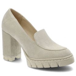 Beżowe Półbuty Armodo Eleganckie Buty Damskie. Brązowe półbuty damskie Armodo, bez wzorów, z tworzywa sztucznego, eleganckie, bez obcasa, na słupku, bez zapięcia. Za 259.00 zł.