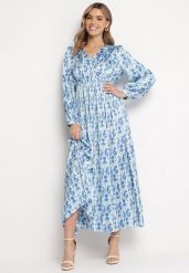 Niebiesko-Biała Satynowa Sukienka Maxi Ozdobiona Wzorem Paisley z Gumką w Pasie Wirlena. Niebieskie sukienki damskie Born2be, l, bez wzorów, z satyny, bez kołnierzyka, bez ramiączek, maxi. Za 169.99 zł.