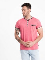 T-shirt męski henley z ozdobnymi ściągaczami - czerwony V1 OM-TSCT-0175 - XXL. Czerwone t-shirty męskie Ombre Clothing, l, z aplikacjami, z elastanu, bez kołnierzyka, bez ramiączek. W wyprzedaży za 39.99 zł.