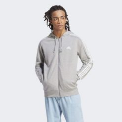 Essentials French Terry 3-Stripes Full-Zip Hoodie. Białe bluzy męskie Adidas, m, bez wzorów, z kapturem, na fitness i siłownię. Za 276.60 zł.