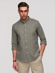 Męska koszula lniana ze stójką i kieszenią REGULAR FIT – khaki V6 - Rozmiar: M. Brązowe koszule męskie Ombre Clothing, na lato, m, bez wzorów, z bawełny, biznesowe, bez kołnierzyka, bez ramiączek. Za 229.99 zł.