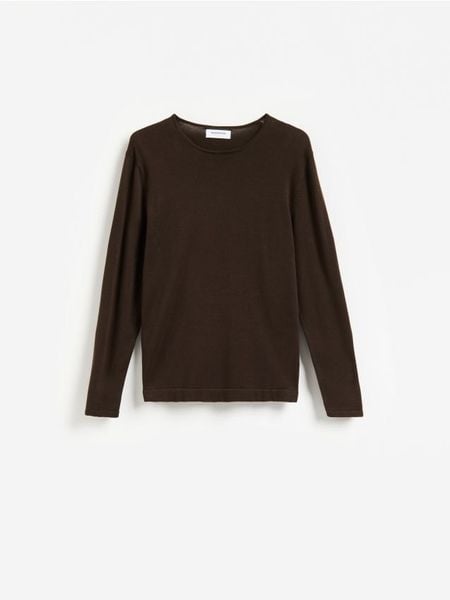 Bawełniany sweter - ciemnobrązowy. Brązowe swetry męskie Reserved, l, bez wzorów, z bawełny, bez kołnierzyka, bez ramiączek. Za 119.99 zł.