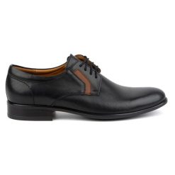 Kampol Buty męskie wizytowe skórzane 319KAM czarne sznurowane. Czarne buty wizytowe męskie bez wzorów, z materiału, bez obcasa, bez zapięcia. Za 362.62 zł.