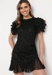 Czarna Sukienka Mini z Koronkowymi Wstawkami i Falbankami Soffiana. Czarne sukienki damskie Born2be, na imprezę, l, bez wzorów, z koronki, eleganckie, bez kołnierzyka, bez ramiączek, mini. Za 159.99 zł.