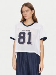 Guess Jeans T-Shirt W5GI59 KCTE2 Biały Regular Fit. Białe t-shirty damskie Guess Jeans, s, z aplikacjami, z jeansu, bez kołnierzyka, bez ramiączek. Za 119.99 zł.