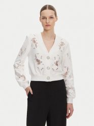 Guess Kardigan W5GQ11 KCWY1 Biały Regular Fit. Białe kardigany damskie Guess, l, z aplikacjami, z bawełny, bez kołnierzyka. Za 239.99 zł.