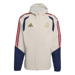 Kurtka wodoodporna Bayern Monachium 2026/27. Brązowe kurtki męskie Adidas, l, bez wzorów, z tkaniny, eleganckie, bez kaptura. Za 719.50 zł.