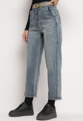 Jasnoniebieskie Klasyczne Jeansy Boyfriend z Bawełny z Paskiem i Wysokim Stanem Attelara. Niebieskie jeansy damskie Born2be, bez wzorów, z bawełny, eleganckie, z podwyższonym stanem. Za 129.99 zł.