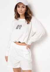Biały 2-Częściowy Komplet Dresowy Bluza z Nadrukiem i Luźne Szorty z Kieszeniami Ridana. Białe bluzy damskie Born2be, m, bez wzorów, z dresówki, eleganckie, bez ramiączek, bez kaptura. Za 49.99 zł.