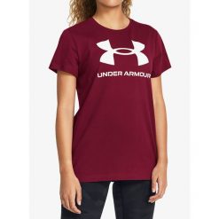 Koszulka z nadrukiem damska Under Armour Live Sportstyle Graphic SSC. Czerwone bluzki damskie Under Armour, s, bez wzorów, sportowe, bez kołnierzyka, bez ramiączek. Za 69.99 zł.