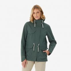 Kurtka turystyczna damska Quechua NH500 wodoodporna. Zielone kurtki sportowe damskie QUECHUA, m, bez wzorów, z materiału, bez ramiączek, bez kaptura, trekkingowe. Za 249.99 zł.