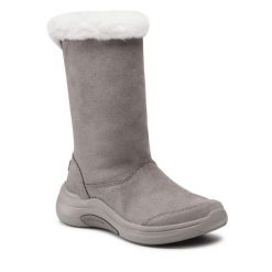 Kozaki Skechers. Szare kozaki damskie Skechers, bez wzorów, bez obcasa, na płaskiej podeszwie, bez zapięcia. Za 579.99 zł.