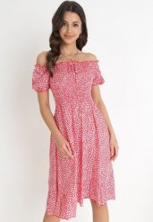 Czerwona Bawełniana Sukienka Hiszpanka w Kwiatki Rutani. Czerwone sukienki damskie Born2be, na imprezę, na lato, m, bez wzorów, z bawełny, eleganckie, bez kołnierzyka, bez ramiączek, midi. Za 39.99 zł.