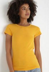 Żółty T-shirt Gathanthei. Żółte t-shirty damskie Born2be, l, bez wzorów, z bawełny, klasyczne, bez kołnierzyka, bez ramiączek. Za 29.99 zł.