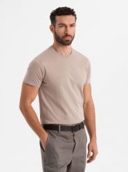 Klasyczny T-shirt męski bawełniany BASIC - piaskowy V11 OM-TSBS-0236 - XXL. T-shirty męskie Ombre Clothing, l, bez wzorów, z bawełny, bez kołnierzyka, bez ramiączek. W wyprzedaży za 39.99 zł.