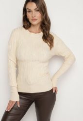 Beżowy Sweter z Wiskozą Ozdobiony Tłoczeniem Savinia. Brązowe swetry nierozpinane damskie Born2be, bez wzorów, z jeansu, biznesowe, bez kołnierzyka, bez ramiączek. Za 99.99 zł.
