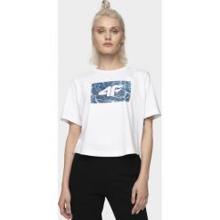 T-shirt damski TSD200 - biały. Białe t-shirty damskie 4F, bez wzorów, bez kołnierzyka, bez ramiączek. Za 49.99 zł.