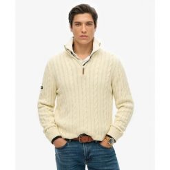 Sweter 1/2 zip Superdry Classic Cable. Białe swetry męskie Superdry, na zimę, m, bez wzorów, bez kołnierzyka, bez ramiączek. Za 395.80 zł.