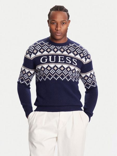 Guess Sweter M5BR61 Z4142 Granatowy Regular Fit. Niebieskie swetry męskie Guess, m, z aplikacjami, z syntetyku, bez kołnierzyka, bez ramiączek. Za 419.99 zł.