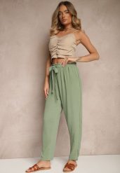 Zielone Spodnie High Waist Ozdobione Wiązanym Paskiem Araleira. Zielone spodnie materiałowe damskie Renee, na wiosnę, bez wzorów, z jeansu, z podwyższonym stanem, długie. Za 44.99 zł.