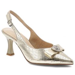 Czółenka damskie S.Barski, cholewka ze skóry naturalnej z odkrytą piętą na smukłym obcasie z ażurową cholewką i elegancką kokardą, złote, CR61-3119. Żółte czółenka damskie S.BARSKI, w ażurowe wzory, ze skóry, eleganckie, bez obcasa, bez zapięcia. Za 389.00 zł.