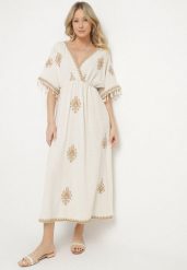 Beżowa Wiskozowa Sukienka z Lnem o Kopertowym Kroju z Wiązaniem i Haftem Desarose. Brązowe sukienki damskie Born2be, na co dzień, m, bez wzorów, z bawełny, eleganckie, bez kołnierzyka, bez ramiączek, midi, kopertowe. Za 179.99 zł.