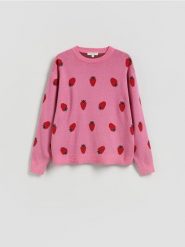 Wzorzysty sweter z bawełną - różowy. Czerwone swetry nierozpinane damskie Reserved, l, bez wzorów, z bawełny, bez kołnierzyka, bez ramiączek. Za 159.99 zł.