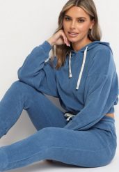 Granatowy Komplet Dresowy z Bawełną Krótka Bluza z Kapturem i Spodnie z Gumką w Pasie Gesaria. Niebieskie bluzy damskie Born2be, xl, bez wzorów, z bawełny, bez ramiączek, z kapturem. Za 129.99 zł.