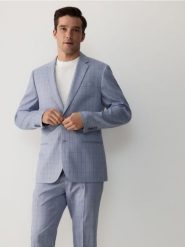 Marynarka slim fit w kratę - niebieski. Niebieskie garnitury męskie Reserved, bez wzorów, z tkaniny. W wyprzedaży za 279.99 zł.