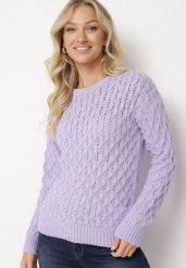 Fioletowy Sweter z Ozdobnym Tłoczeniem Attenja. Fioletowe swetry nierozpinane damskie Born2be, m, bez wzorów, z jeansu, biznesowe, bez kołnierzyka, bez ramiączek. Za 109.99 zł.