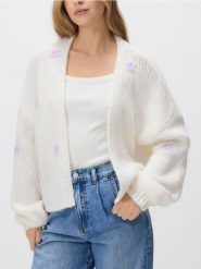 Kardigan z haftem - kremowy. Białe kardigany damskie Reserved, l, bez wzorów, z dzianiny, bez kołnierzyka. Za 139.99 zł.