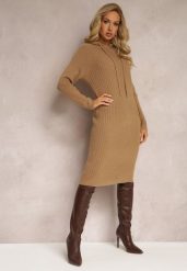 Ciemnobeżowa Wełniana Sukienka w Prążki z Kapturem Opiuda. Brązowe sukienki damskie Renee, na co dzień, bez wzorów, z wełny, eleganckie, bez kołnierzyka, bez ramiączek, midi, sportowe. Za 99.99 zł.