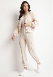 Beżowy Komplet Dresowy w Stylu Cargo Spodnie i Bluza z Imitacją Kieszeni Ivelhiris. Brązowe bluzy damskie Born2be, l, bez wzorów, z dresówki, bez ramiączek, bez kaptura. Za 119.99 zł.
