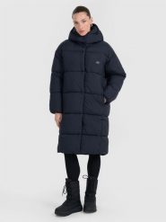 4F Płaszcz puchowy z wypełnieniem syntetycznym damski - czarny L. Czarne płaszcze damskie 4F, na zimę, l, bez wzorów, z puchu, bez kołnierzyka. W wyprzedaży za 299.99 zł.