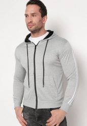 Jasnoszara Bluza z Kapturem i Kieszeniami Ozdobiona Lampasami na Ramionach Alobokira. Szare bluzy męskie Born2be, m, z aplikacjami, z jeansu, z kapturem. Za 39.99 zł.